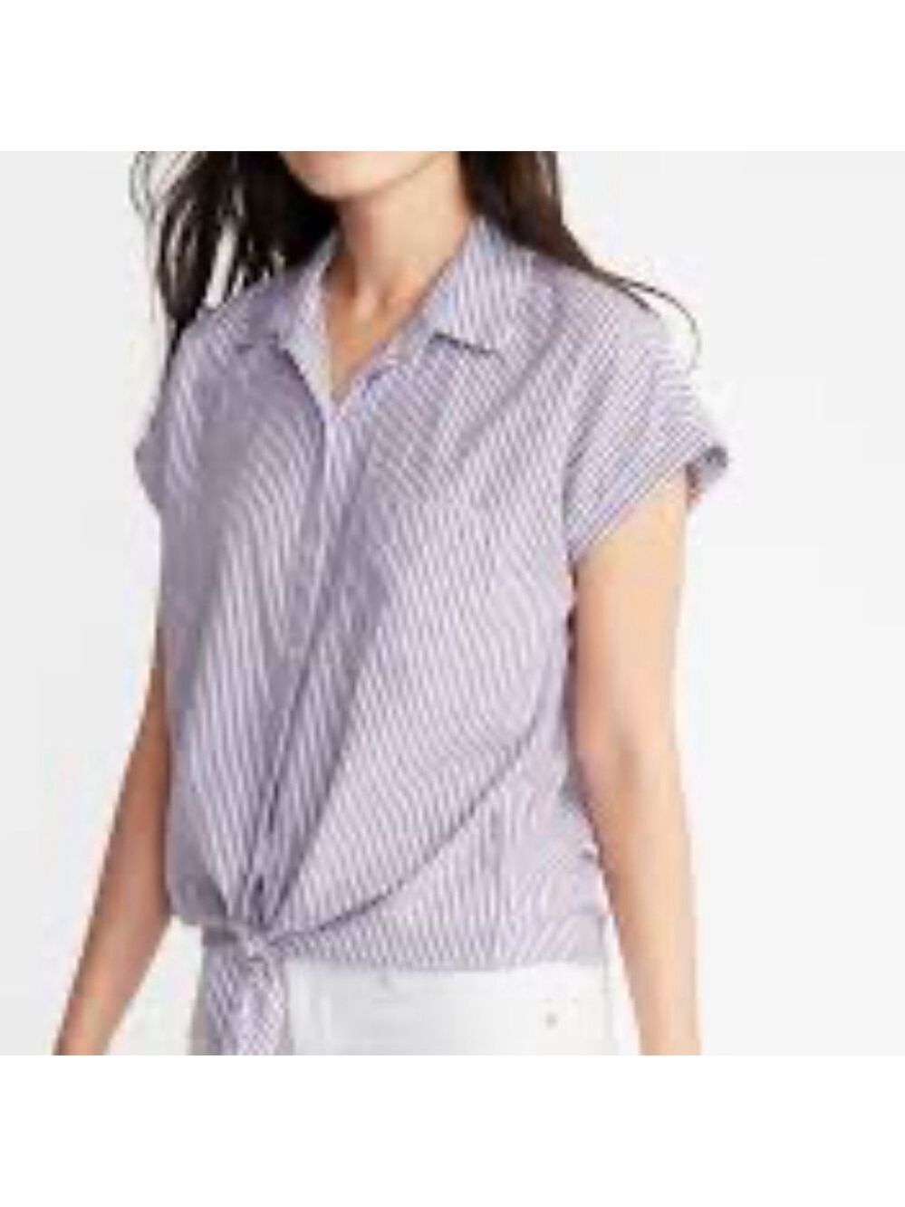 AUTRES FILLES button up shirt cotton top front ties striped lilac blue sz large